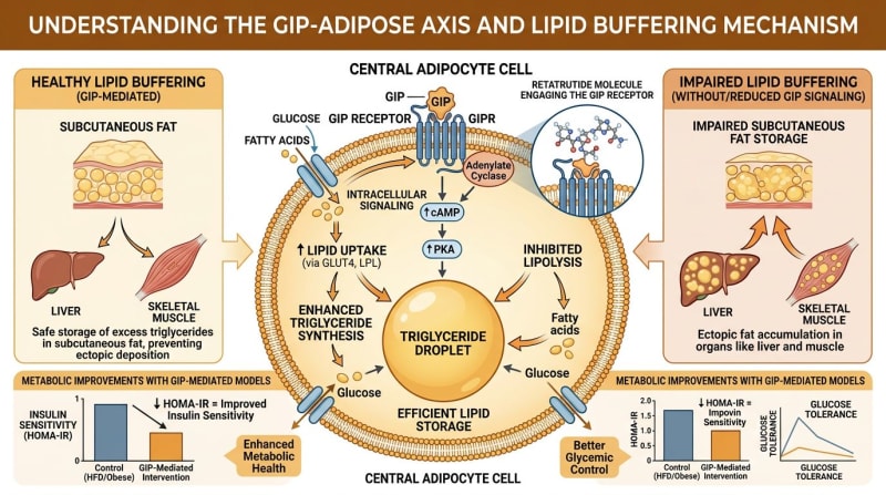 Conceptual illustration of GIP-associated adipose lipid handling