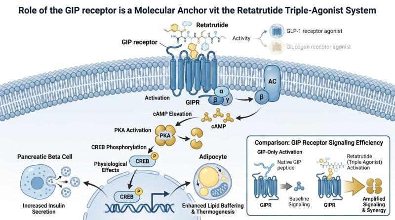 Conceptual diagram of GIPR, cAMP, and retatrutide multi-receptor signaling