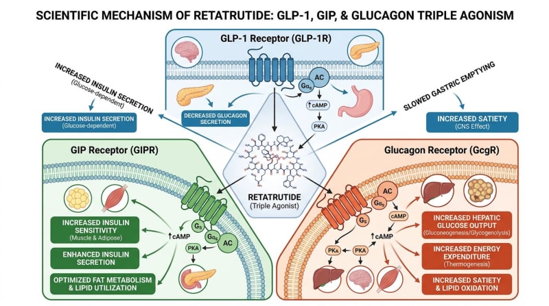 Schematic comparing the receptor targets associated with tirzepatide and retatrutide