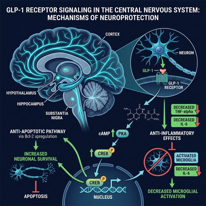 Conceptual illustration of GLP-1 receptor signaling and the cAMP, PKA, and CREB pathway