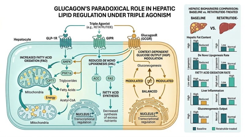 Schematic of glucagon-related pathways considered in hepatic lipid research