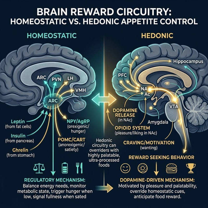 Conceptual illustration contrasting hypothalamic energy-balance circuitry with nucleus accumbens reward circuitry