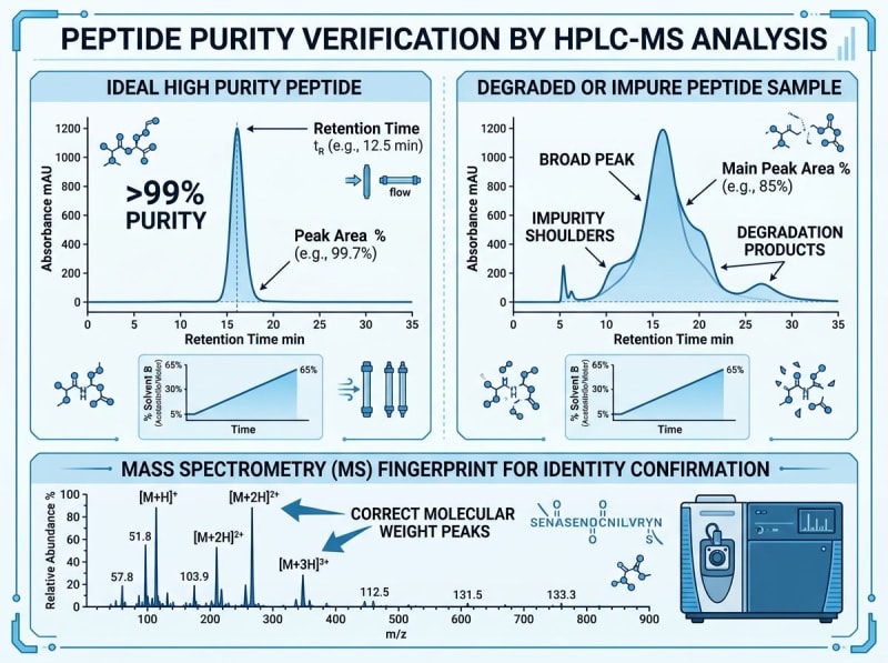 Schematic comparison of HPLC peak shapes and a mass spectrometry readout for peptide characterization
