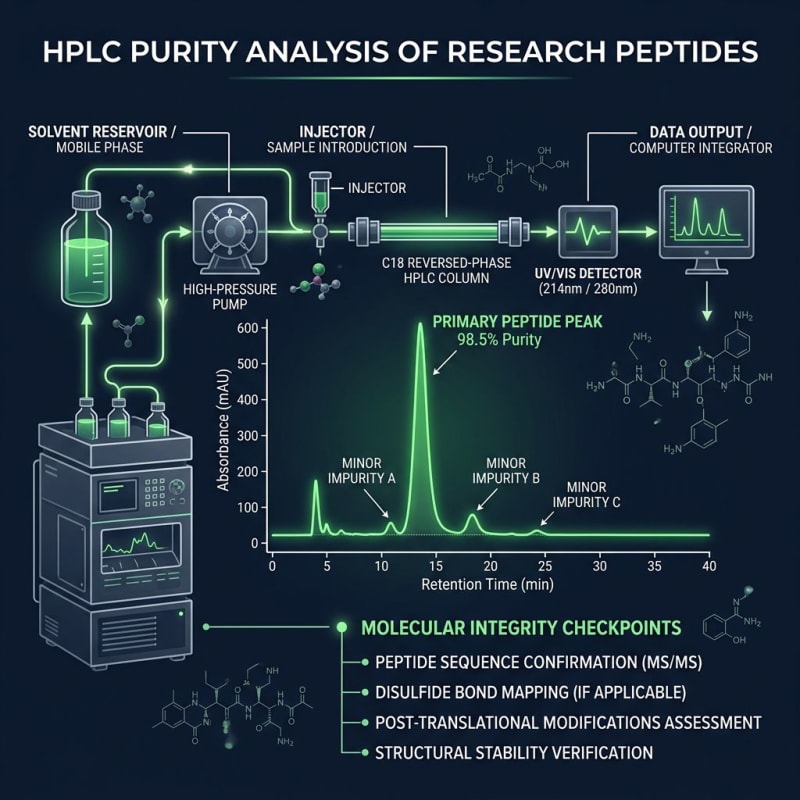Illustration of HPLC chromatographic peaks used in peptide purity assessment