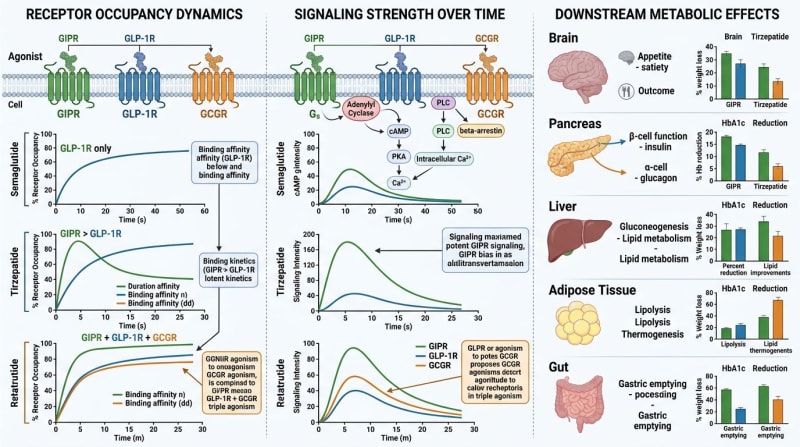 Illustration comparing dual- and triple-receptor incretin agonist mechanisms
