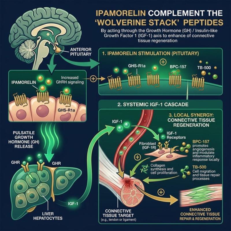 Conceptual illustration of GH–IGF-1 signaling and tissue-associated pathways