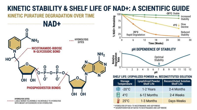 Chart comparing rapid potency decline in liquid peptides versus long-term stability in lyophilized peptides