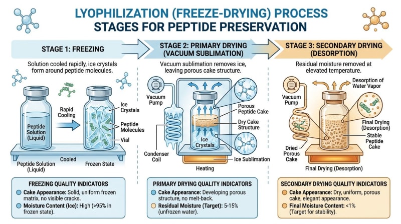 Three-stage lyophilization process infographic showing freezing, primary drying by sublimation, and secondary drying