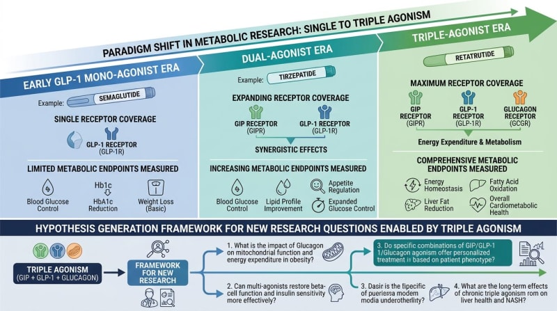 Diagram of single-, dual-, and triple-receptor agonist research frameworks