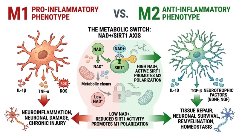 Legacy schematic depicting M1/M2 terminology and an NAD+/SIRT1 pathway hypothesis