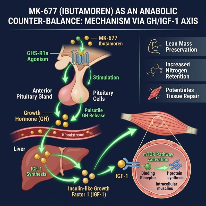 Conceptual diagram linking GHS-R1a, GH, IGF-1, and downstream signaling