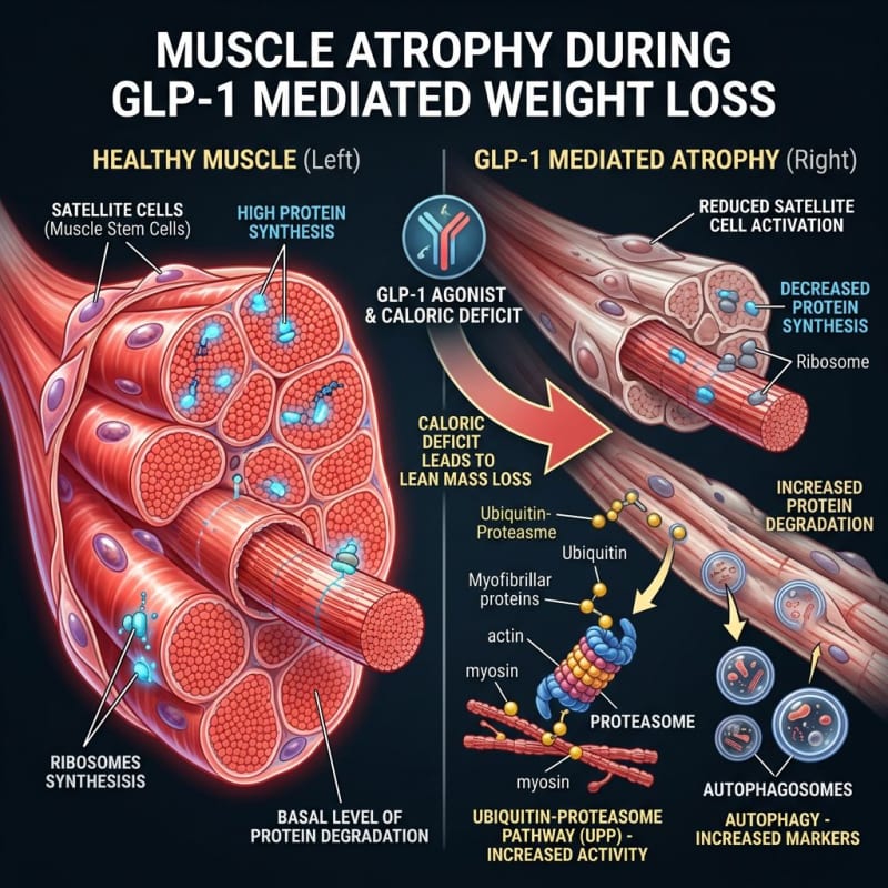 Schematic comparing muscle-fiber size and illustrating a protein-degradation pathway