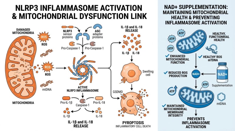 Schematic showing proposed relationships among mitochondrial stress, reactive oxygen species, and NLRP3 signaling
