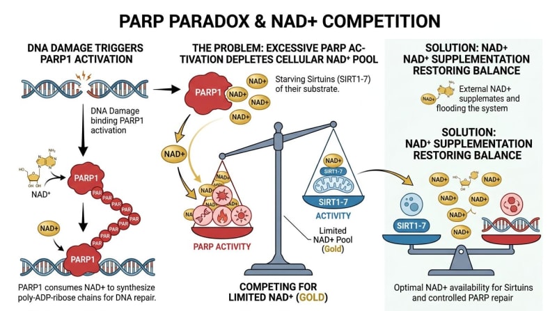 Schematic of NAD+ use by PARP and sirtuin pathways