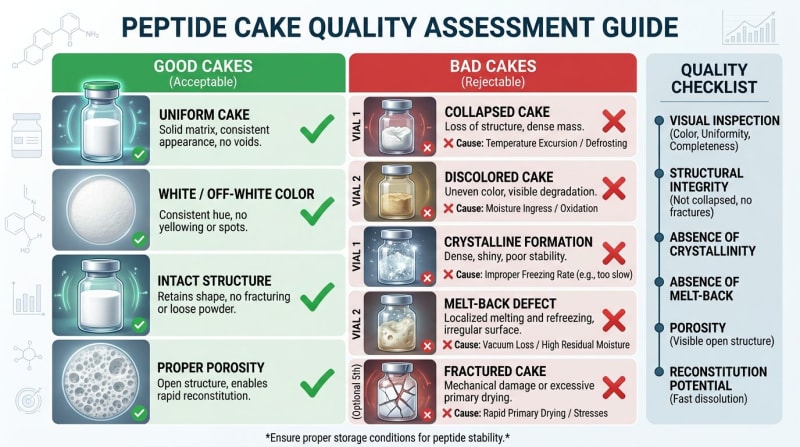 Visual quality guide showing solid puck, loose powder, shrunken cake, and discoloration in peptide vials