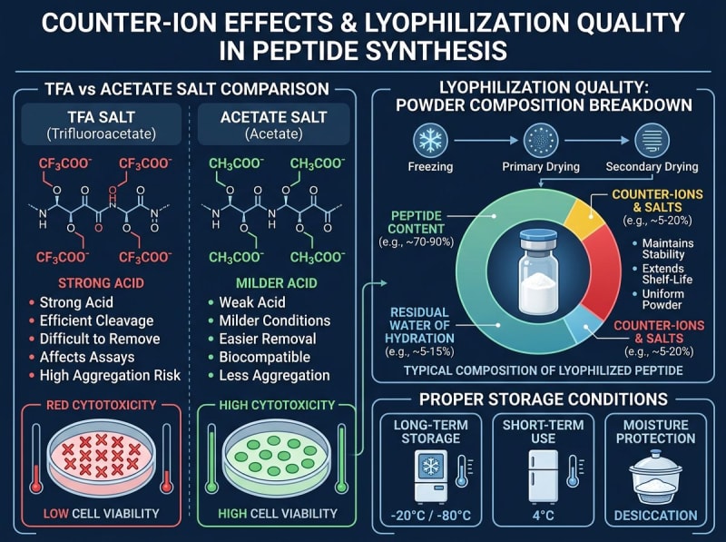 Illustration of peptide counterions, lyophilized powder composition, and storage considerations