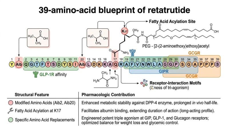 Illustration of retatrutide peptide architecture and chemical modifications