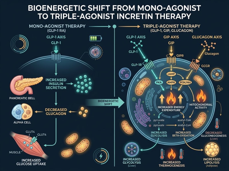 Conceptual illustration of GLP-1, GIP, and glucagon receptor axes