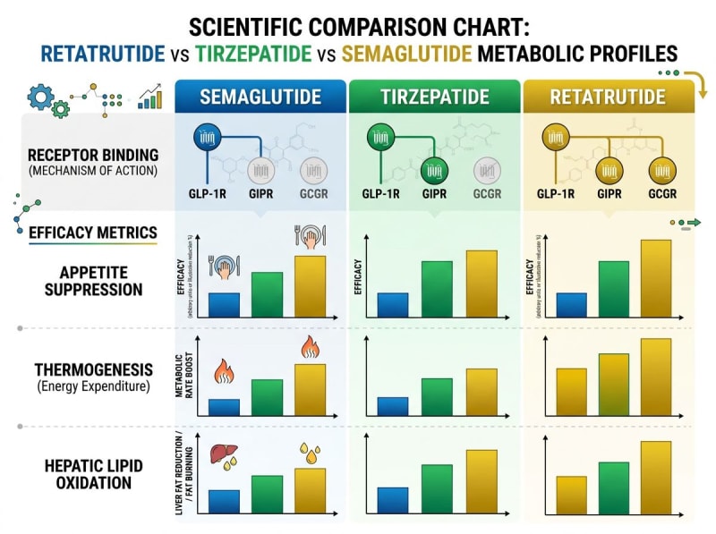 Overview graphic comparing semaglutide, tirzepatide, and retatrutide