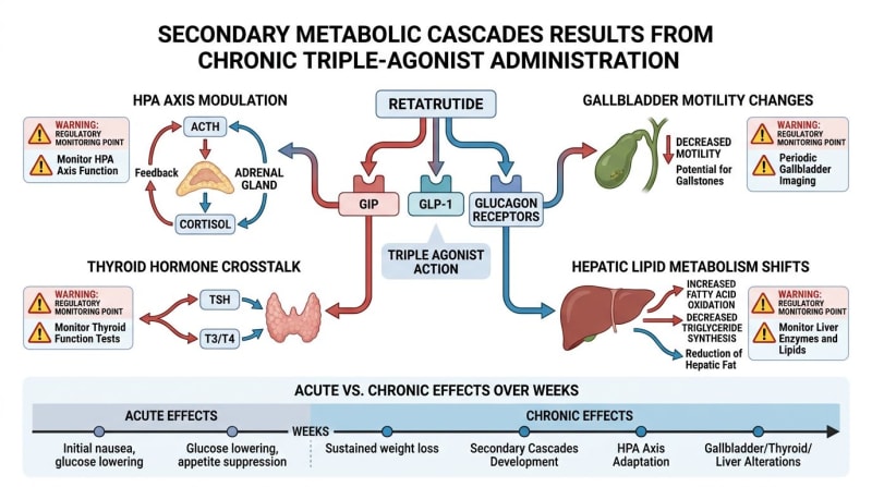 Illustration of proposed secondary endocrine and hepatic pathways considered in retatrutide research
