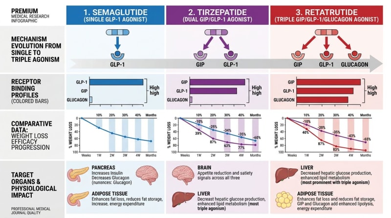 Side-by-side comparison infographic of Semaglutide (single GLP-1 agonist), Tirzepatide (dual GIP/GLP-1 agonist), and Retatrutide (triple GIP/GLP-1/Glucagon agonist) showing receptor binding profiles, reductions in body weight observed in study populations efficacy data, and target organ effects on pancreas, brain, liver, and adipose tissue