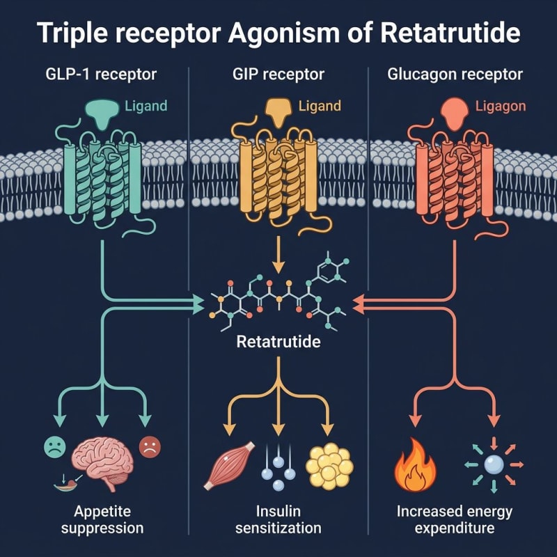 Schematic of retatrutide and GLP-1, GIP, and glucagon receptor pathways