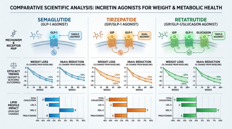 Comparison illustration accompanying discussion of mono-, dual-, and triple-receptor agonists
