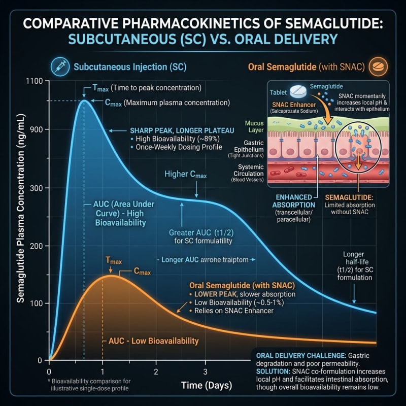 Illustration comparing semaglutide concentration–time profiles and pharmacokinetic parameters for oral and subcutaneous formulations