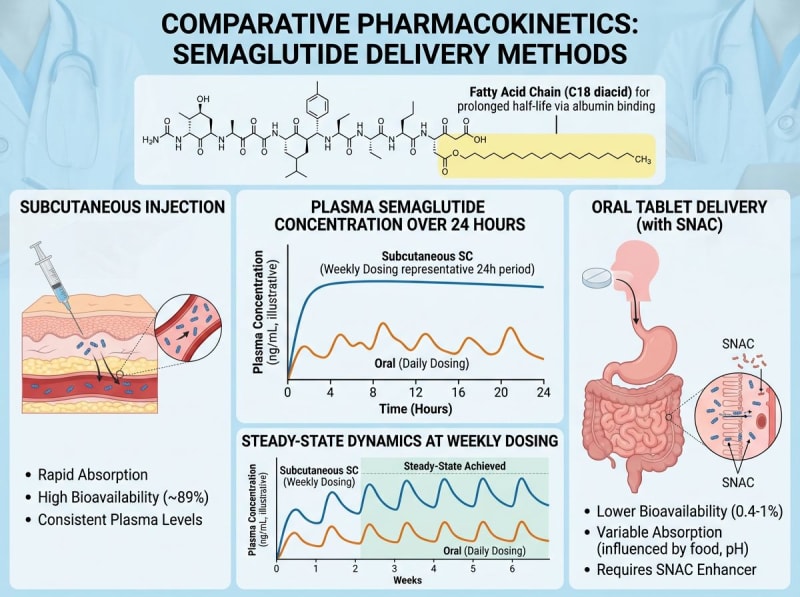 Schematic comparison of oral and subcutaneous semaglutide absorption and concentration–time patterns