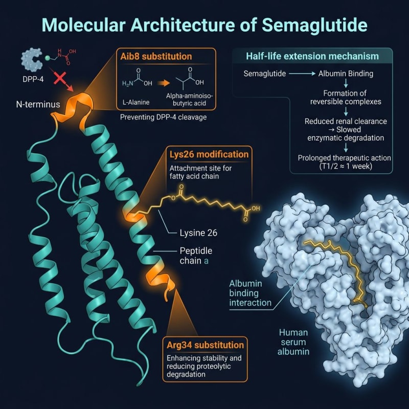 Semaglutide structural infographic highlighting Aib8, the Lys26 side-chain modification, and Arg34