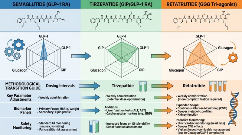 Comparison diagram for semaglutide, tirzepatide, and retatrutide research