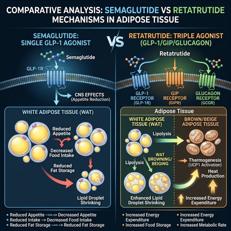 Conceptual comparison of semaglutide and retatrutide receptor profiles in adipose research
