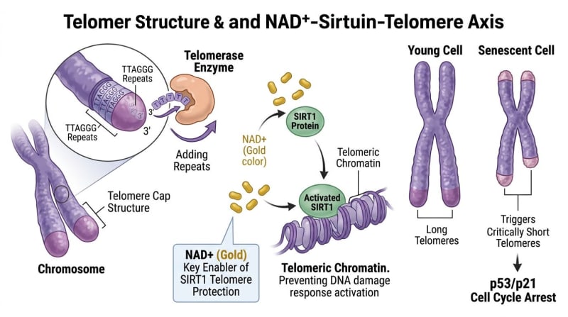 Schematic of relationships among NAD+, sirtuins, telomeres, and senescence
