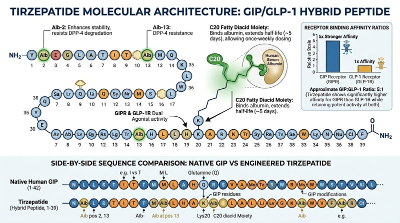 Schematic of tirzepatide's 39-residue peptide architecture, Aib substitutions, and C20 fatty diacid modification