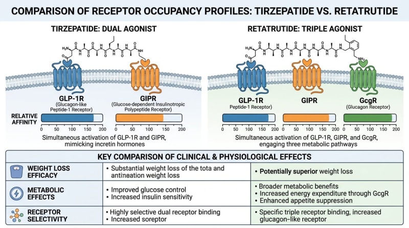 Previously published illustration comparing tirzepatide and retatrutide receptor profiles