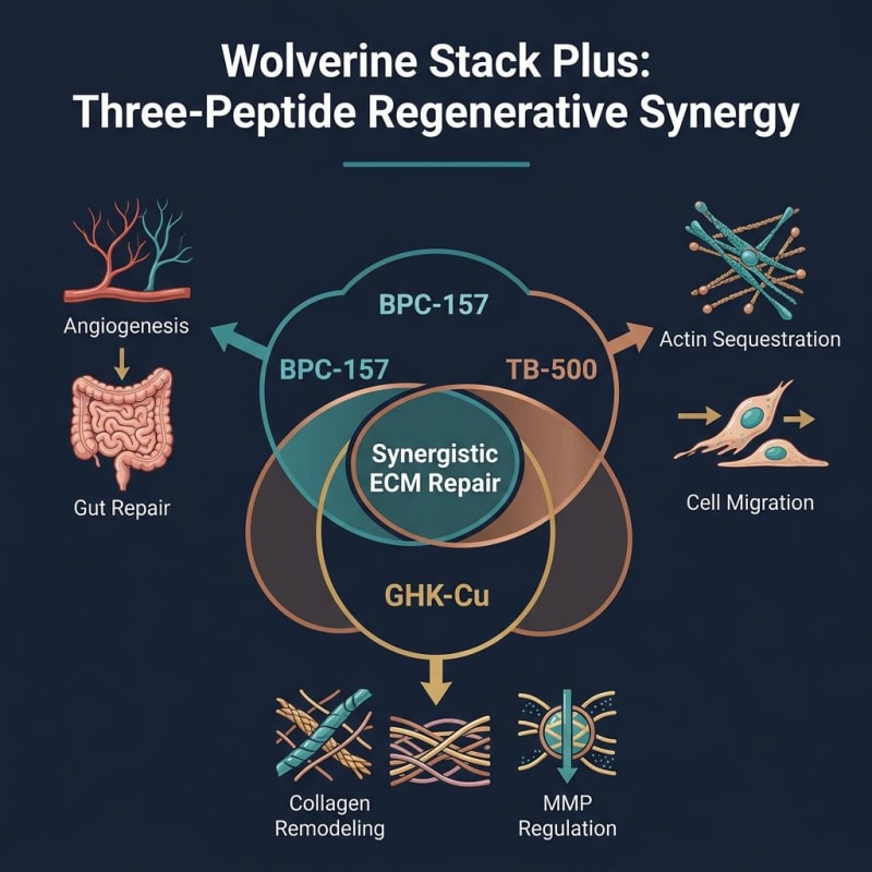 Legacy conceptual illustration grouping BPC-157, TB-500, and GHK-Cu