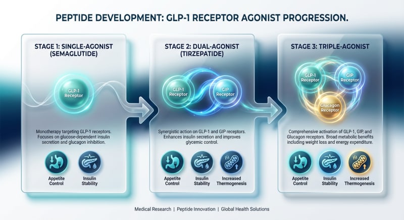 Schematic comparing single-, dual-, and triple-receptor peptide agonist classes.