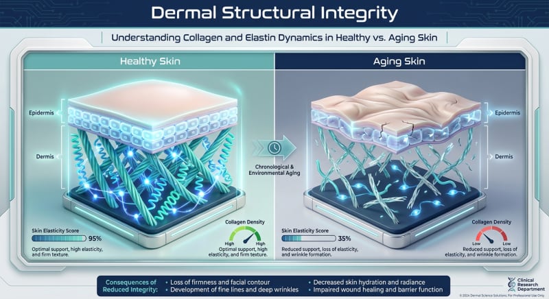 A 3D medical diagram showing the structural difference between healthy skin with a dense collagen matrix and aged skin with a collapsed Extracellular Matrix (ECM).