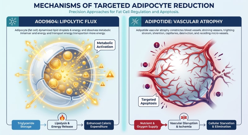 Schematic comparison of Adipotide and AOD9604 research mechanisms.