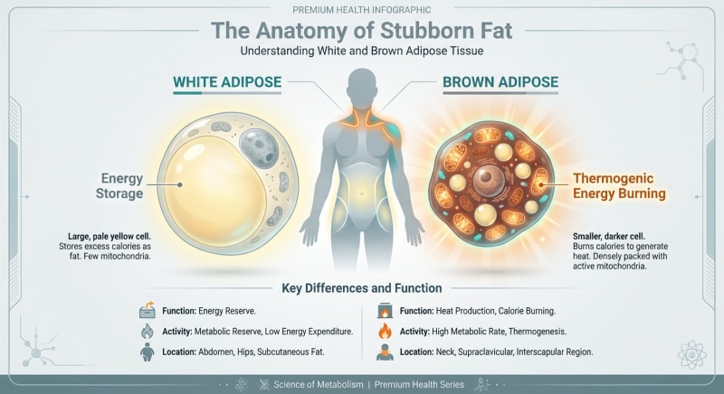 Anatomical schematic comparing white and brown adipose tissue and mitochondrial density.