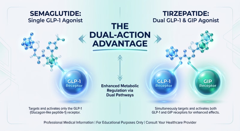 Comparison of semaglutide targeting the GLP-1 receptor and tirzepatide targeting the GLP-1 and GIP receptors.