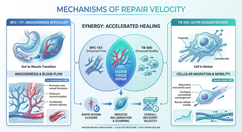 A comparison infographic chart between BPC-157 and TB-500, highlighting their specific mechanisms of action in muscle repair: Angiogenesis vs. Cell Migration.