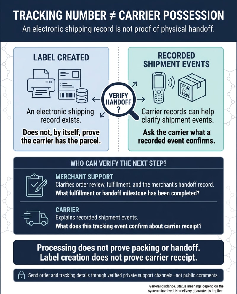 Tracking infographic contrasts label creation with recorded carrier events, explains that a tracking number does not prove parcel receipt, and lists questions for merchant support and the carrier.