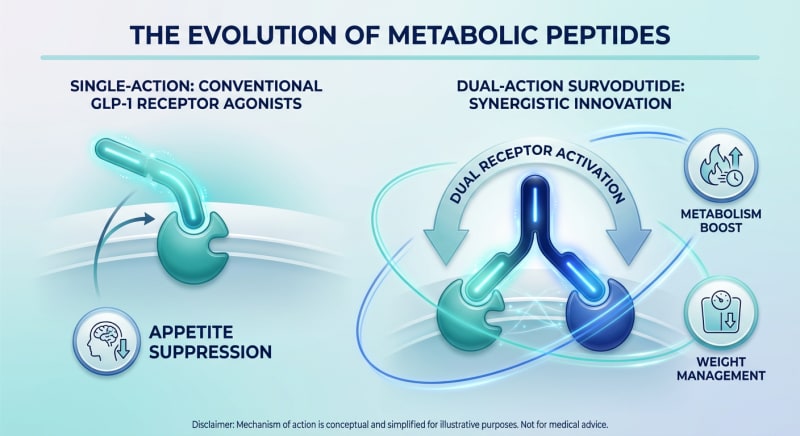 Conceptual comparison of single-receptor and GLP-1/glucagon dual-receptor agonism.