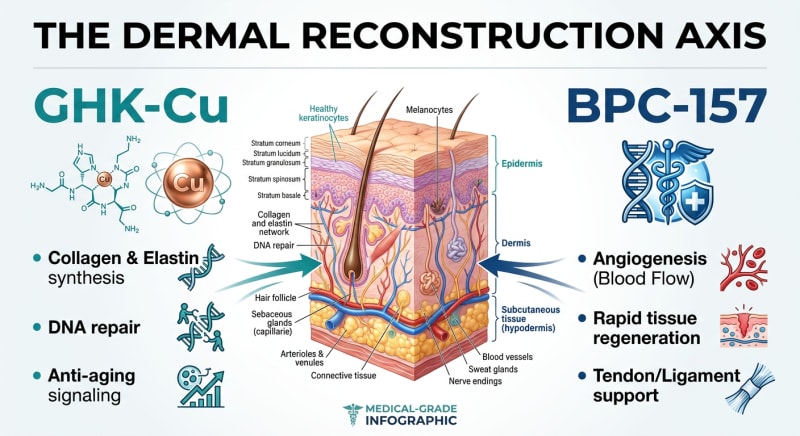 A professional medical infographic comparing GHK-Cu and BPC-157. GHK-Cu is shown with a copper atom icon, highlighting anti-aging and collagen synthesis. BPC-157 is shown with a lightning bolt icon, highlighting rapid tissue repair and the 'Wolverine' effect. The background is a clean, scientific white and teal gradient.