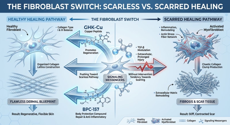 An infographic titled 'The Fibroblast Switch' showing the transition from a healthy fibroblast cell to a scarred myofibroblast. It illustrates how GHK-Cu and BPC-157 influence the healing pathway to ensure scarless repair instead of scar formation.