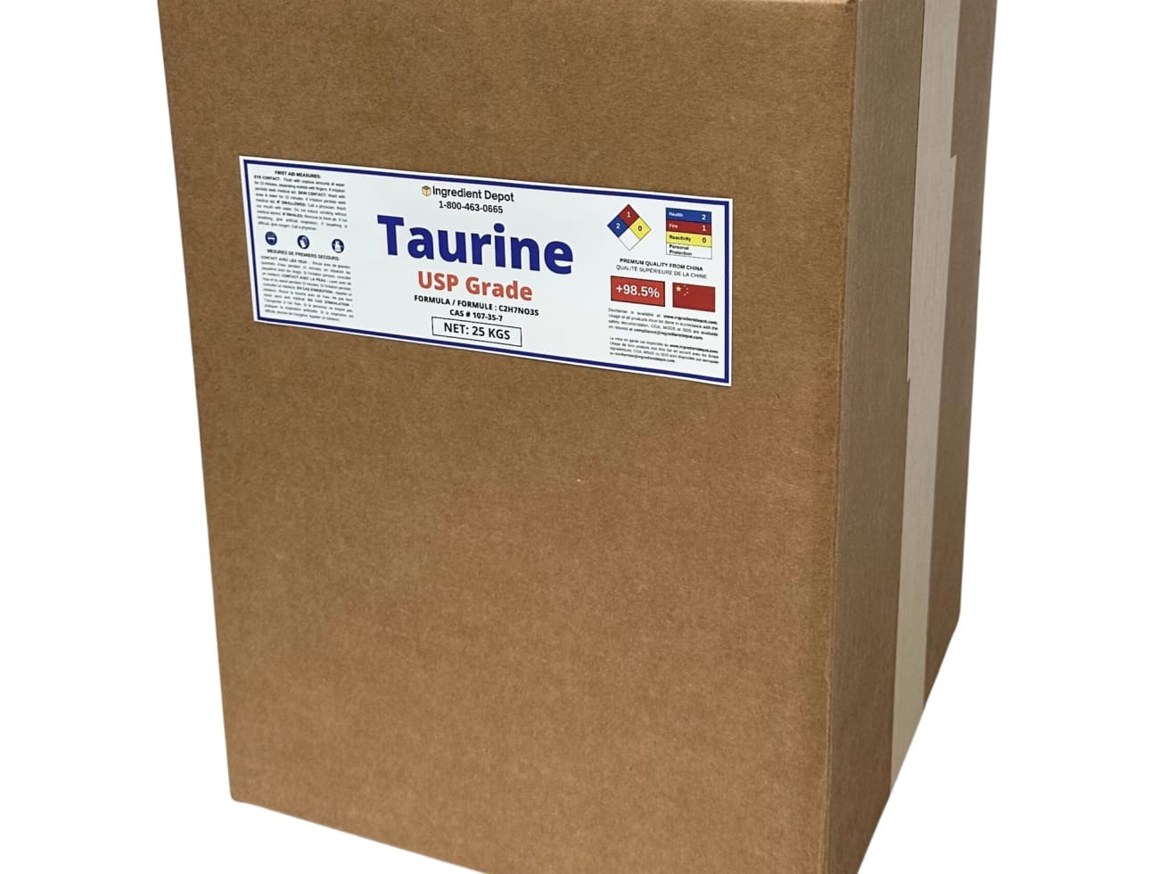 Bulk taurine powder in labeled packaging from Zenco Systems Ltd