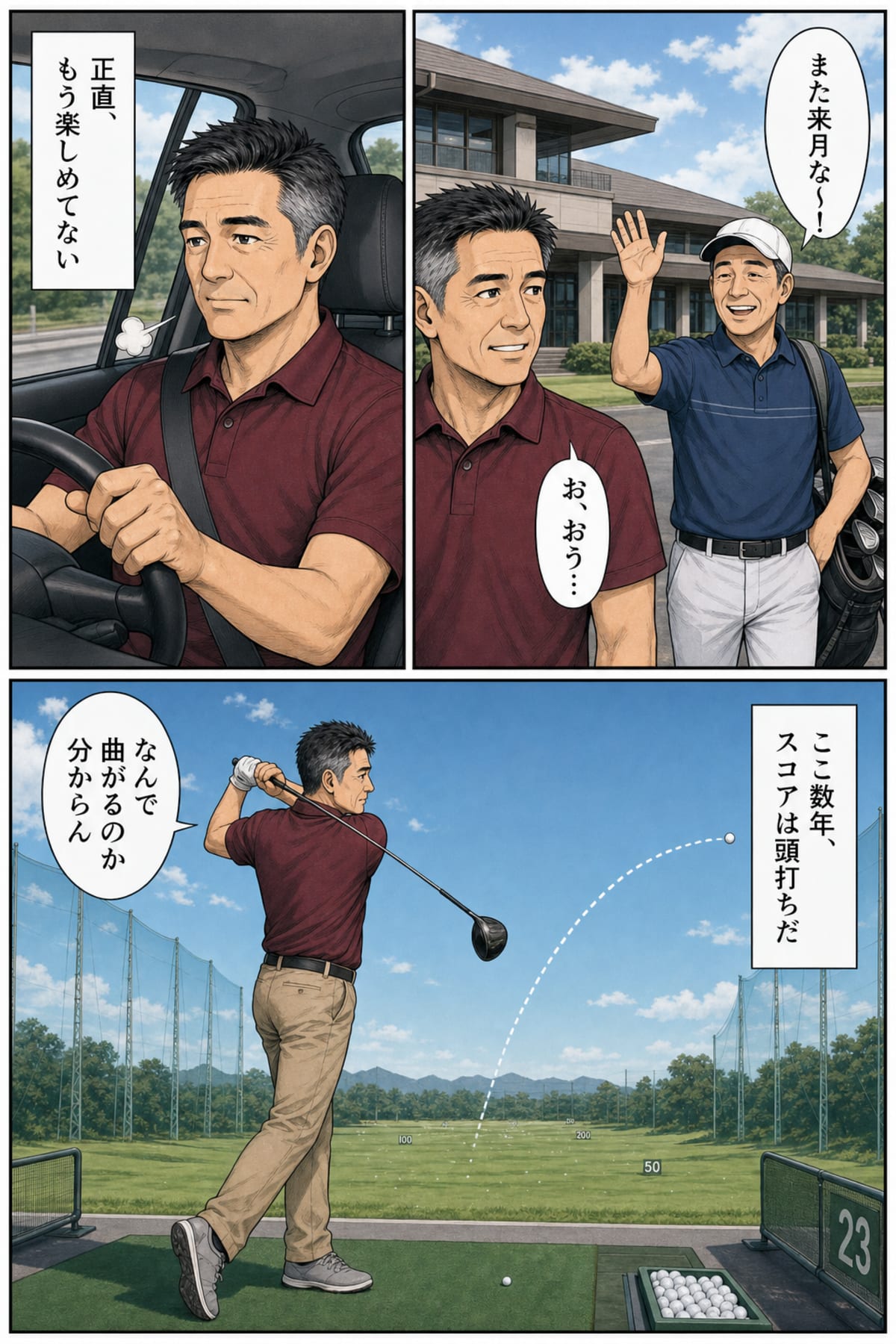 仲間「また来月な〜!」佐々木「お、おう…」。車内でため息「正直、もう楽しめてない」。打ちっぱなしで球が曲がる「なんで曲がるのか分からん」「ここ数年、スコアは頭打ちだ」