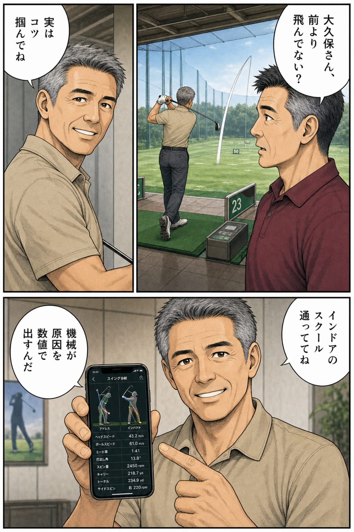 打ちっぱなしで隣の大久保さんがまっすぐ。佐々木「大久保さん、前より飛んでない?」大久保「実はコツ掴んでね」「インドアのスクール通っててね」「機械が原因を数値で出すんだ」