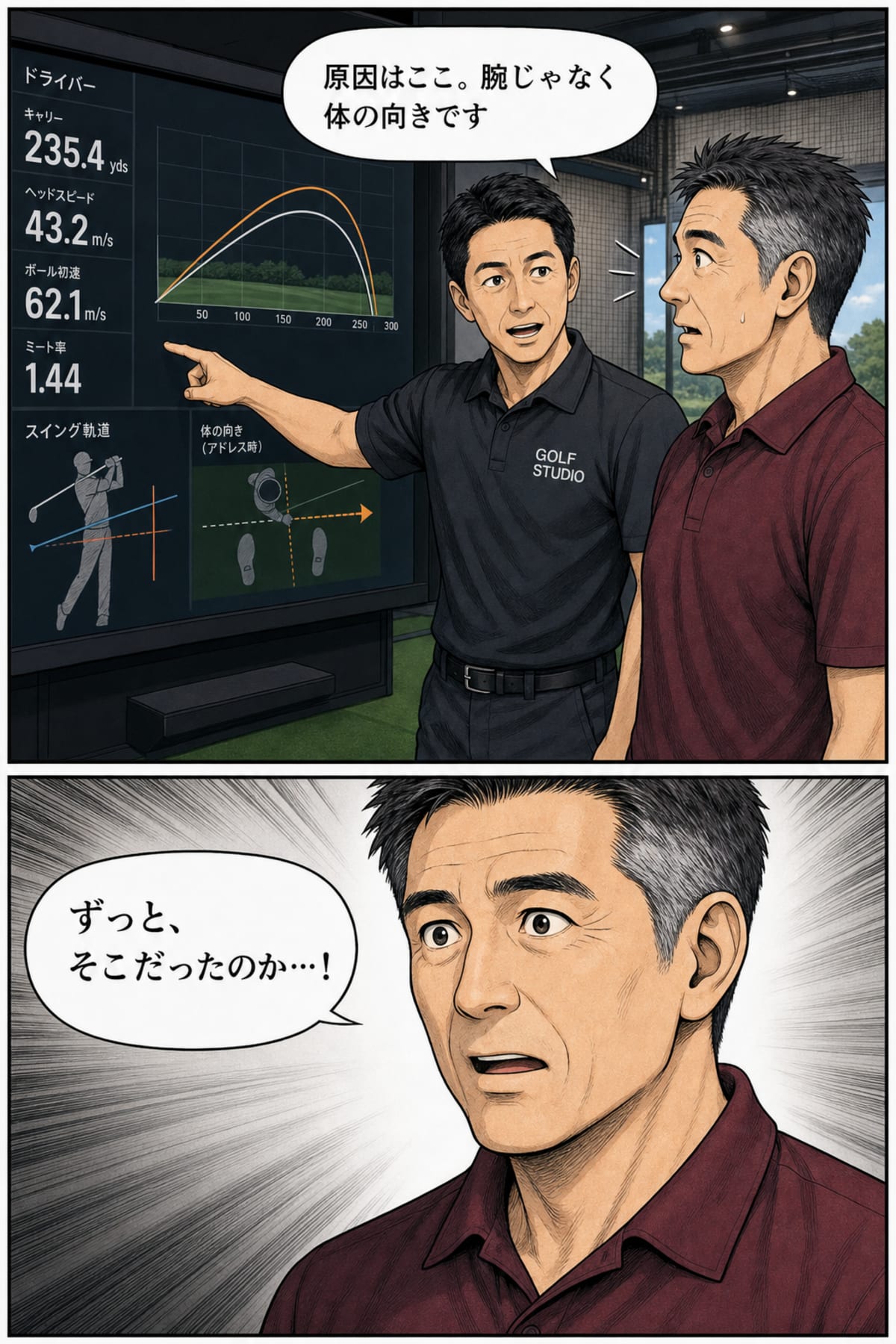 ゴルフスタジオでコーチがシミュレーター画面を見せて「原因はここ。腕じゃなく体の向きです」佐々木「ずっと、そこだったのか…!」